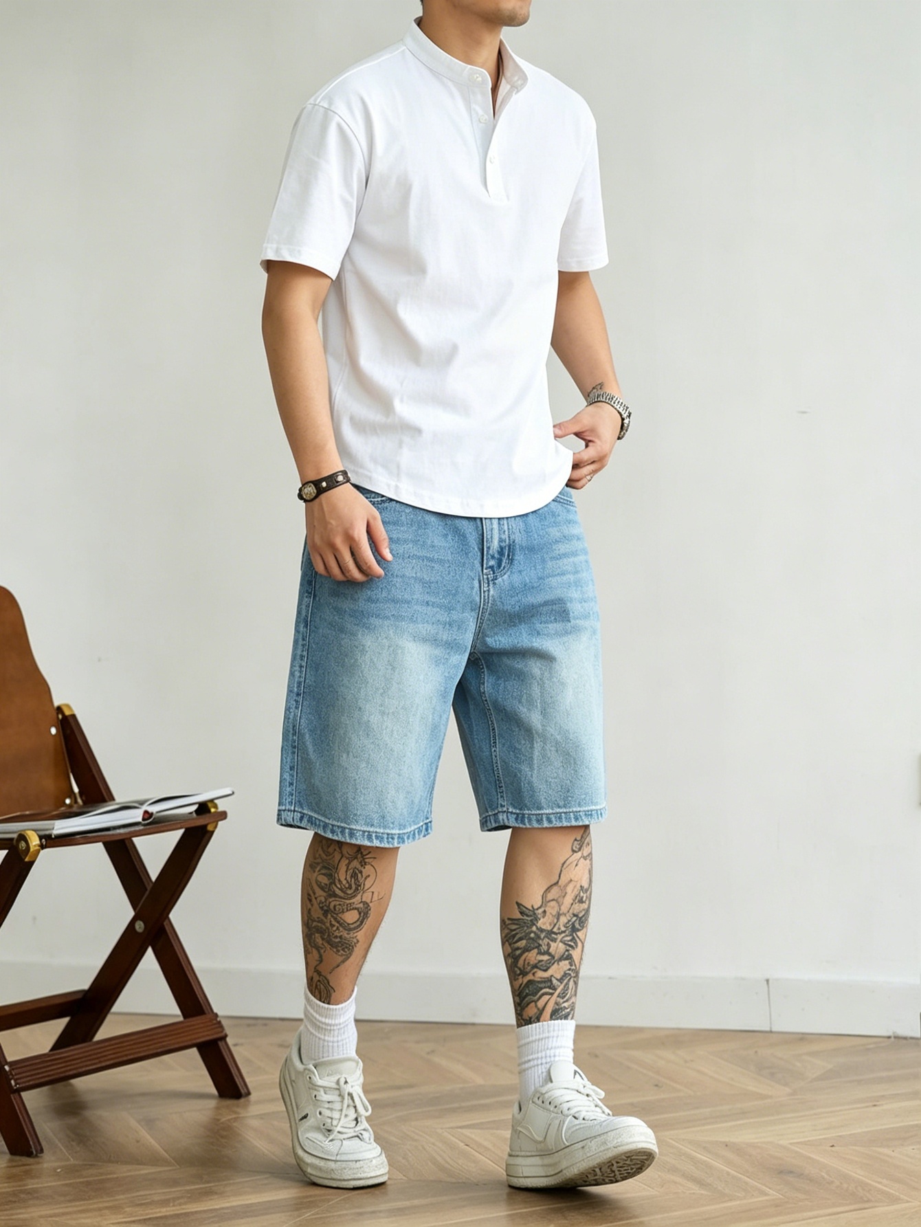 Korean Daily Lifestyle - Locker geschnittene blaue, nicht dehnbare Denim-Jorts